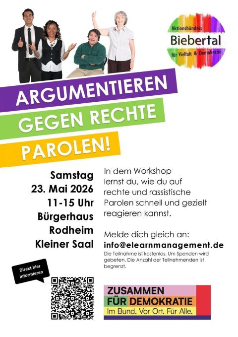 Das offizielle Ankündigungsplakat für den Workshop Argumentieren gegen rechte Parolen mit allen Veranstaltungsdetails.